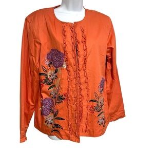 Indigo Moon Floral Embroidered Beaded Jacket Size Medium Orange Ruffle Detail